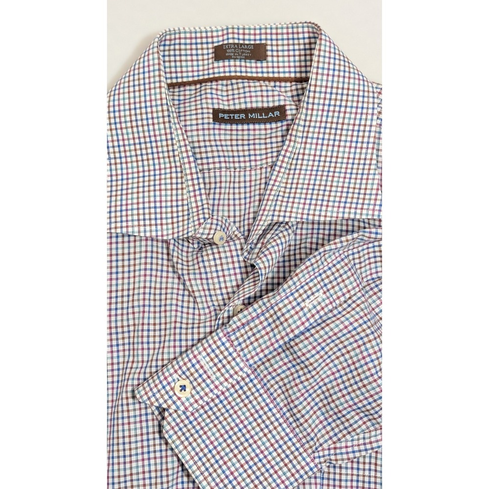 Peter Millar Shirt Men XL White Red Blue Plaid Check‎ Button Down Pocket L/S